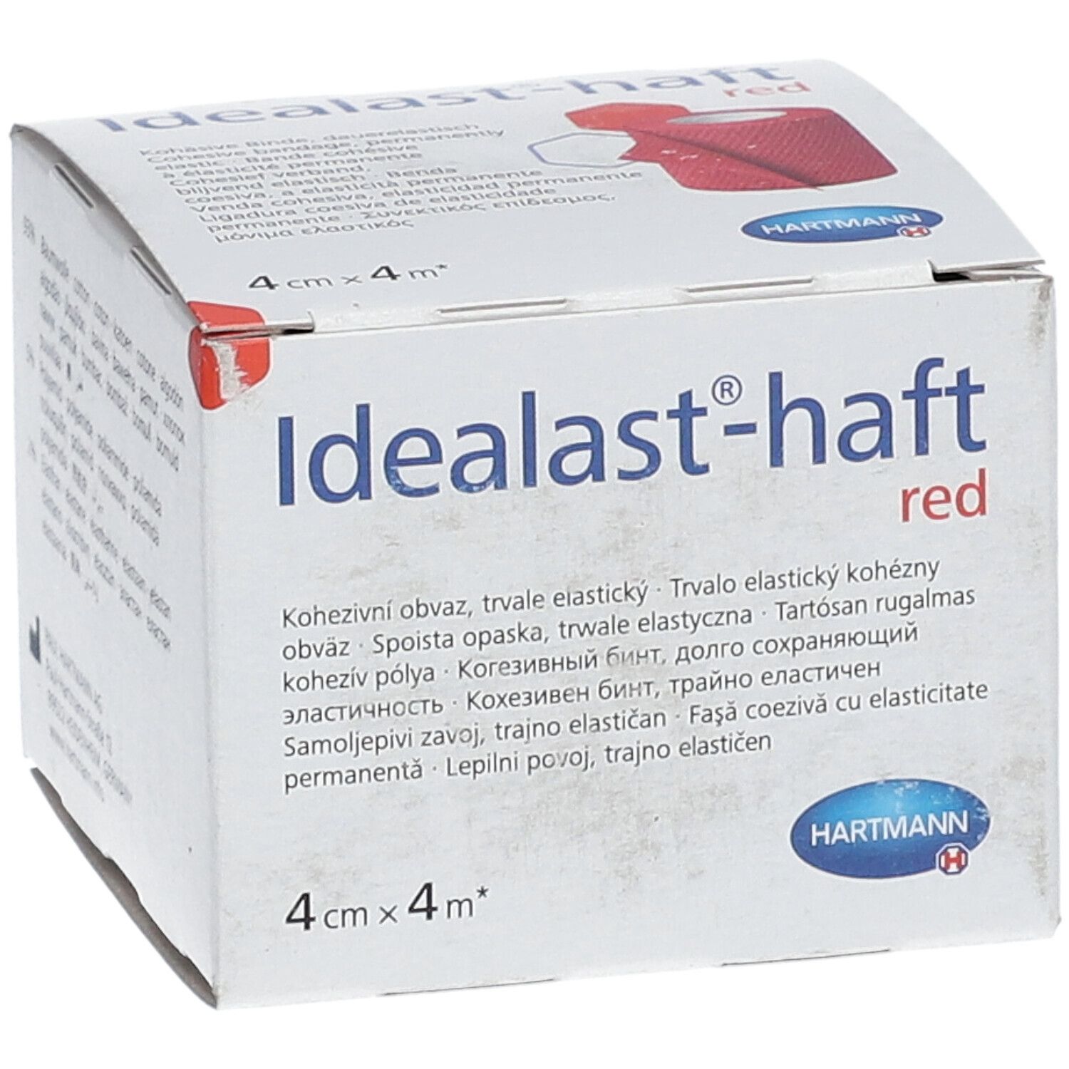 Boîte Hartmann Idealast-haft red, 4cm x 4m. Nom, logo et taille du produit.