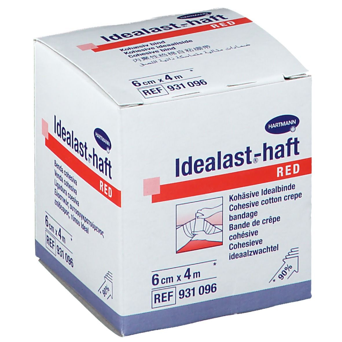 Hartmann Idealast-haft RED, 6cm x 4m. Bande de crêpe cohésive. Emballage blanc avec nom et logo. Accents rouges.