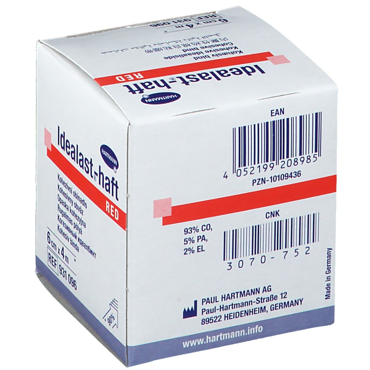 Hartmann Idealast-haft RED, 6cm x 4m. Emballage blanc avec informations, code-barres et logo. Détails rouges.