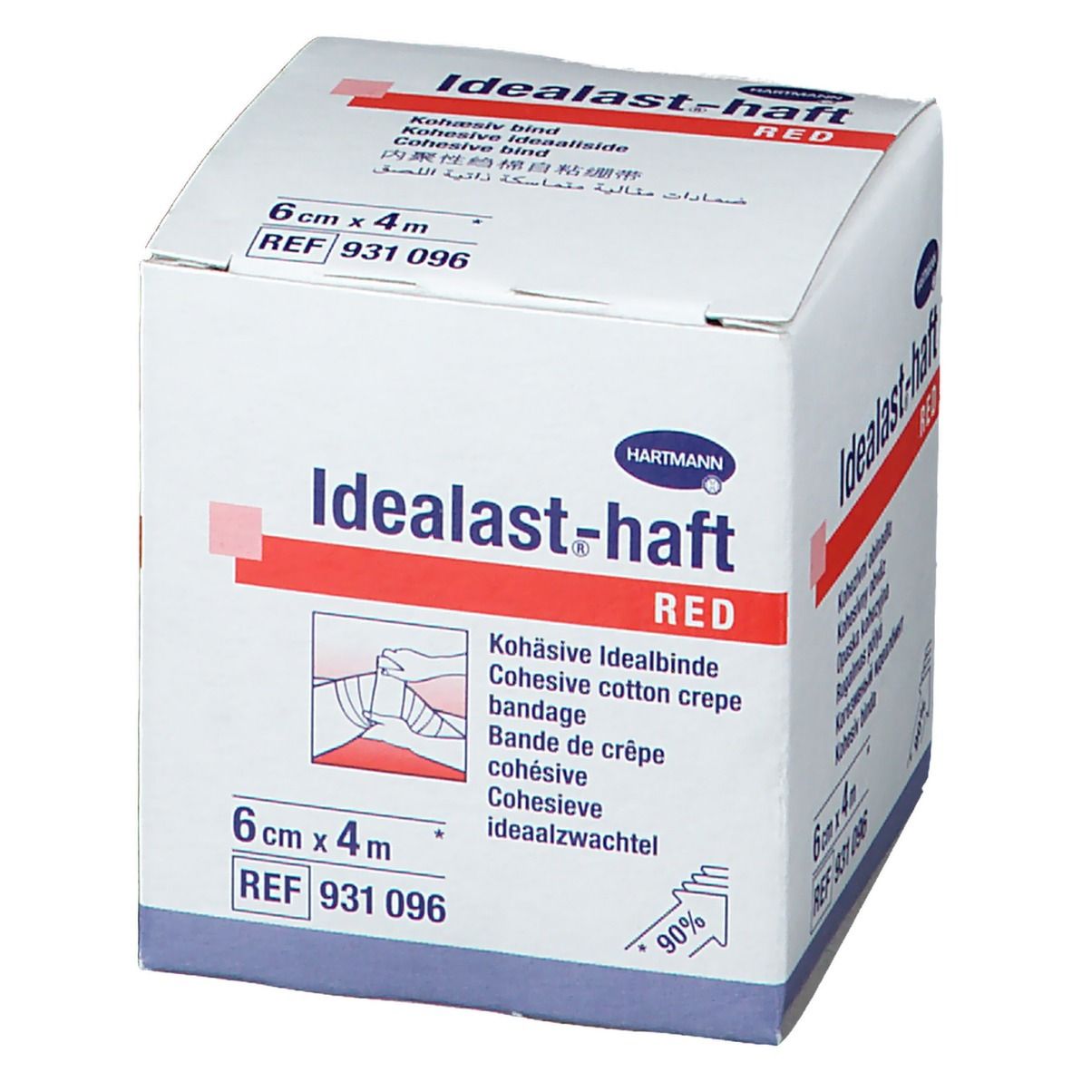 Hartmann Idealast-haft RED, 6cm x 4m. Bande de crêpe cohésive. Emballage blanc avec nom et logo. Détails rouges.