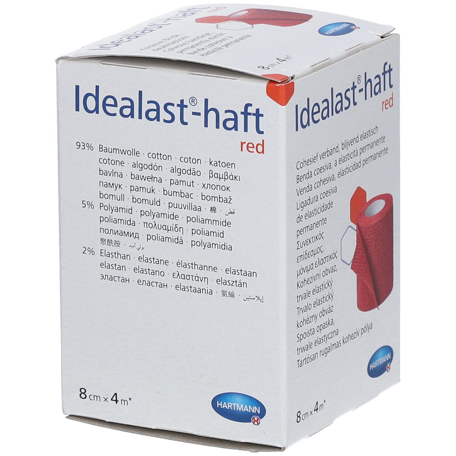 Emballage Idealast-haft rouge. Composition: 93% coton, 5% polyamide, 2% élasthanne. Logo Hartmann. Inscriptions: Idealast-haft red, 8cm x 4m.