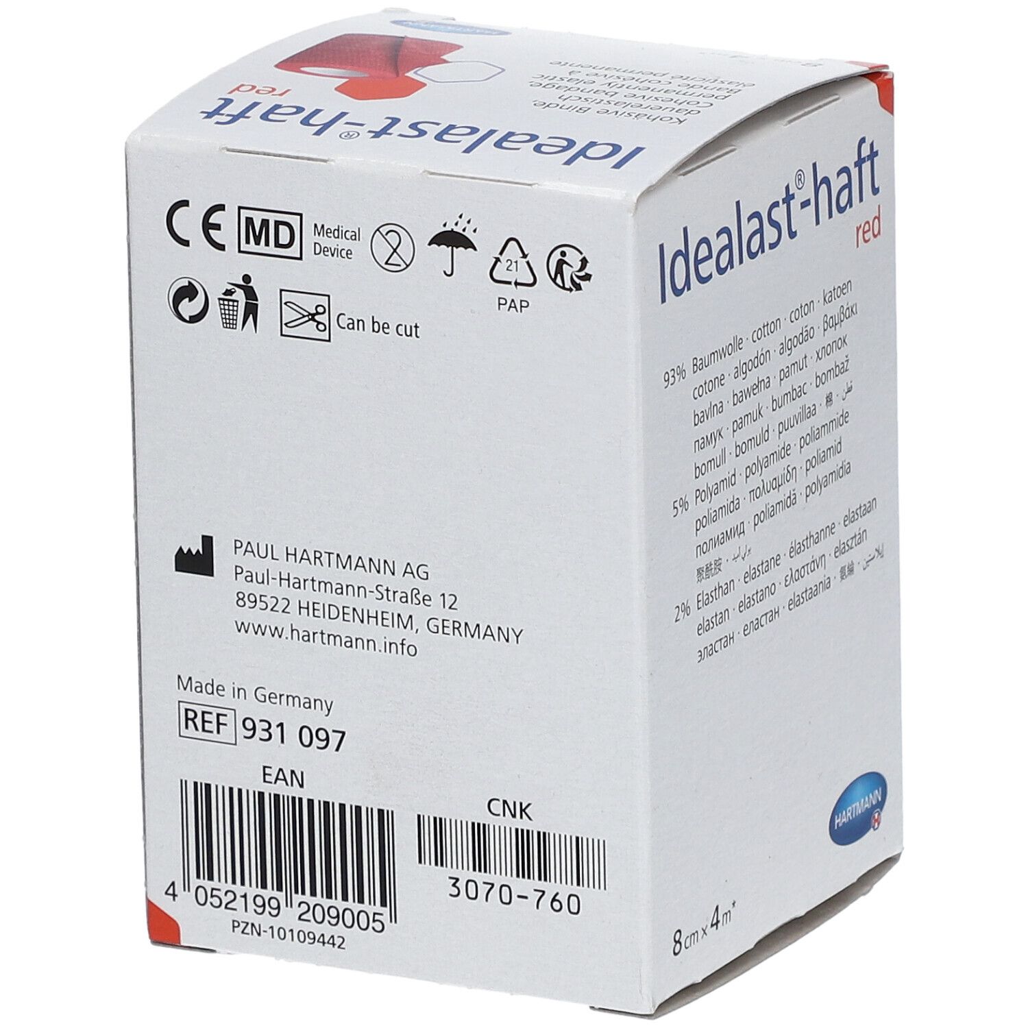 Emballage Idealast-haft rouge. Inscriptions: Marquage CE, Dispositif médical, REF 931 097, code EAN, logo Hartmann. Fabriqué en Allemagne.