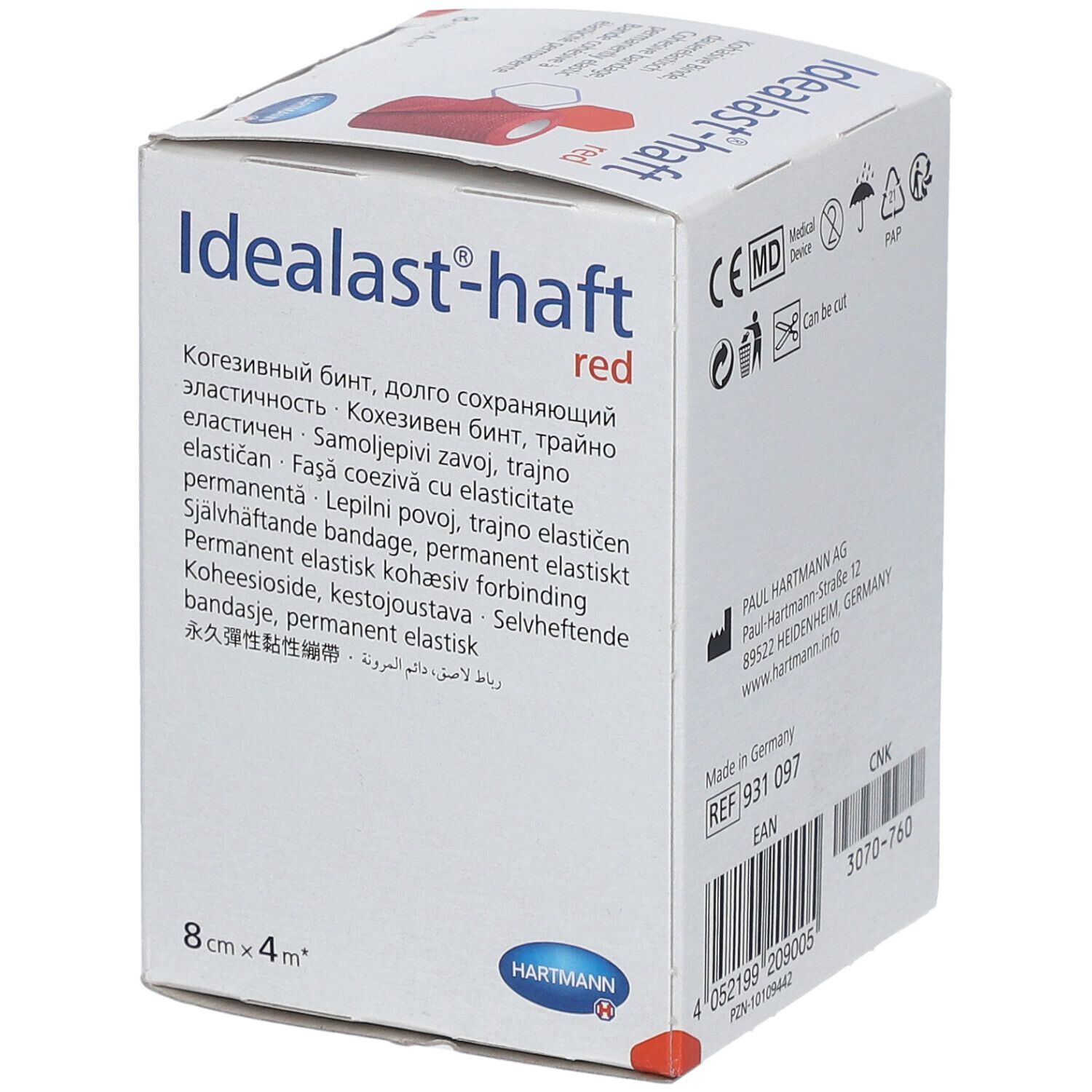 Emballage Idealast-haft rouge. Inscriptions: Marquage CE, Dispositif médical, REF 931 097, code EAN, logo Hartmann. Fabriqué en Allemagne.