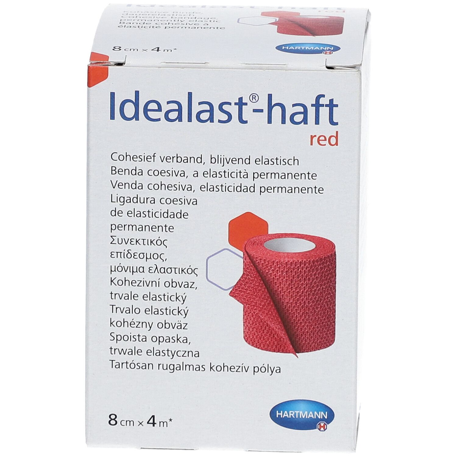 Emballage de bandage Idealast-haft rouge, 8cm x 4m. Logo Hartmann. Inscriptions: Idealast-haft red, 8cm x 4m.