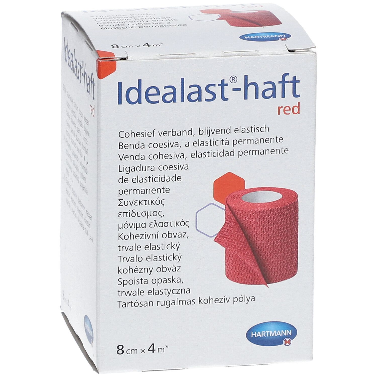 Emballage de bandage Idealast-haft rouge, 8cm x 4m. Logo Hartmann. Inscriptions: Idealast-haft red, 8cm x 4m.