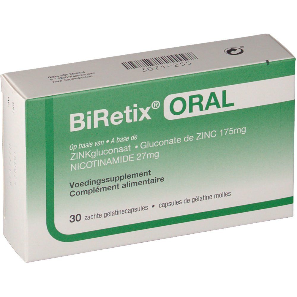 Boîte BiRetix Oral, accents verts. Contient 30 gélules. Ingrédients : zinc, nicotinamide. Texte en plusieurs langues.