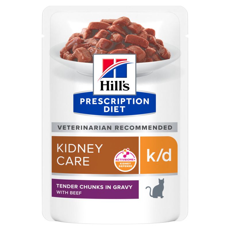 Sachet de nourriture pour chats. Inscription : Hill's Prescription Diet, Kidney Care, k/d, Tender Chunks in Gravy with Beef.