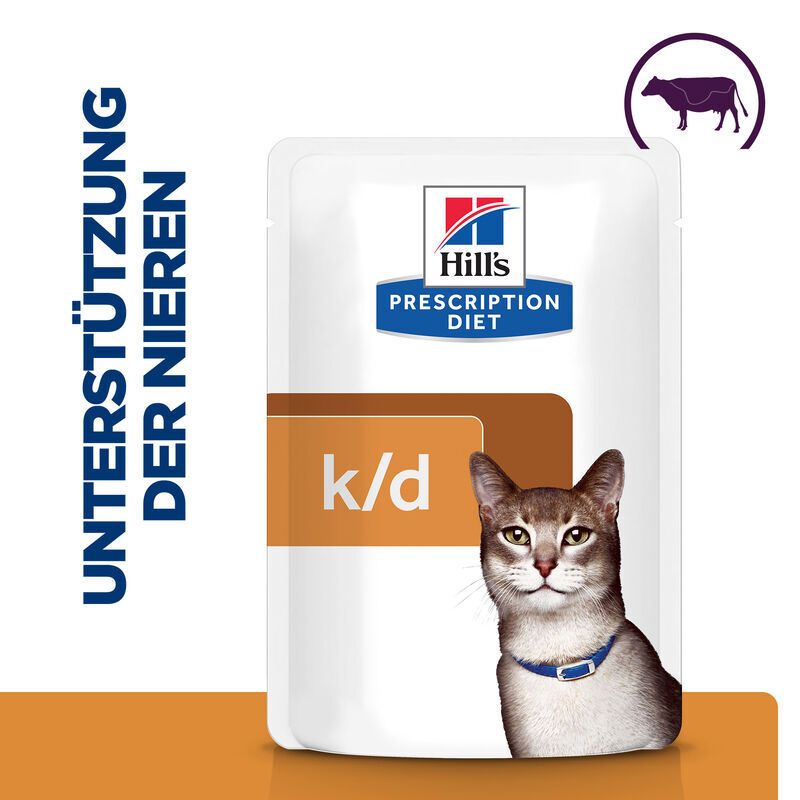 Chat à côté d'un sachet de nourriture. Inscription : Hill's Prescription Diet, k/d, Soutien des reins.