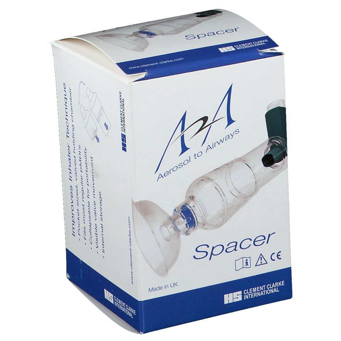 Emballage A2A Spacer. Inscriptions: Aerosol to Airways, Spacer, marquage CE. Fabricant : Clement Clarke International.