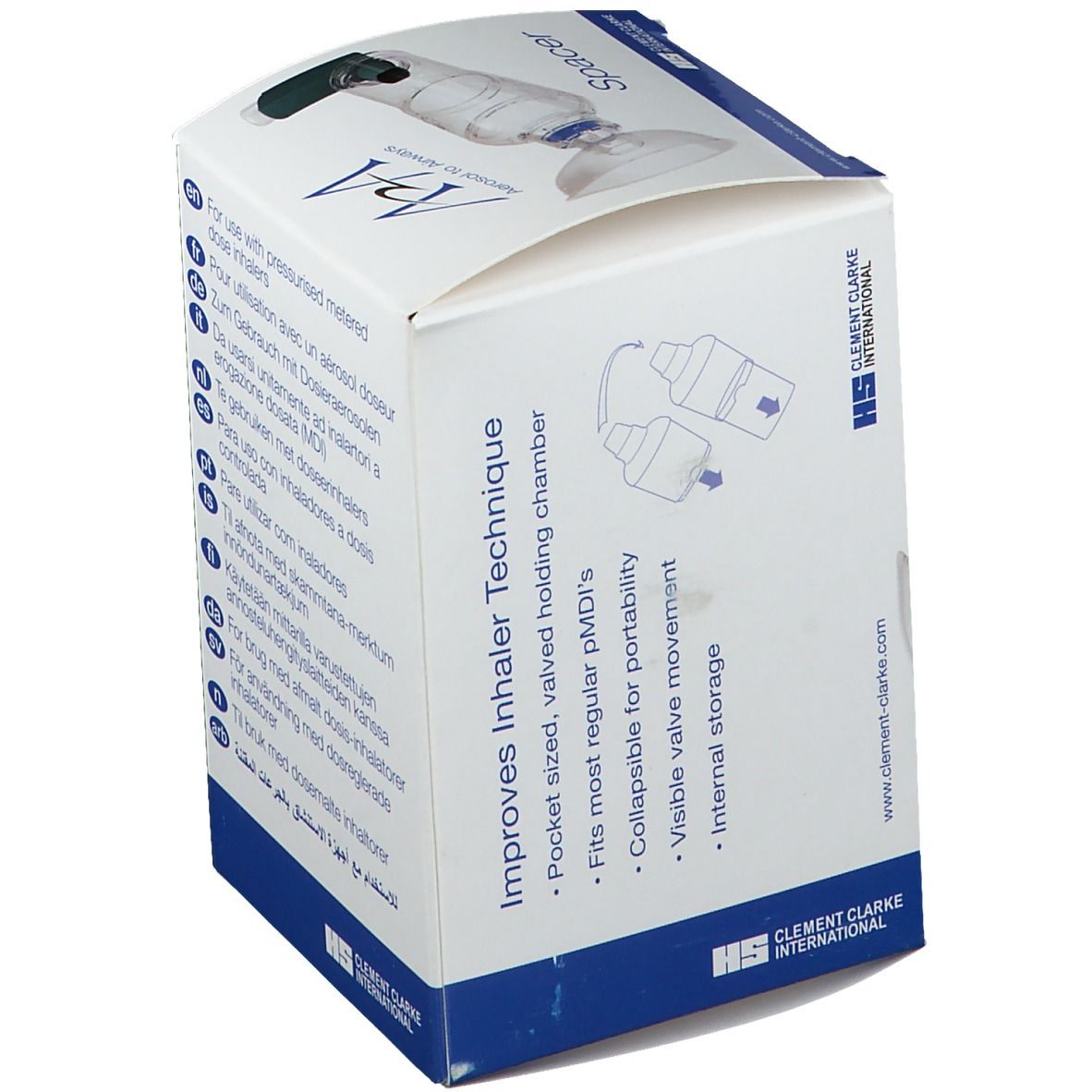 Emballage A2A Spacer. Inscription: Improves Inhaler Technique. Fabricant : Clement Clarke International.