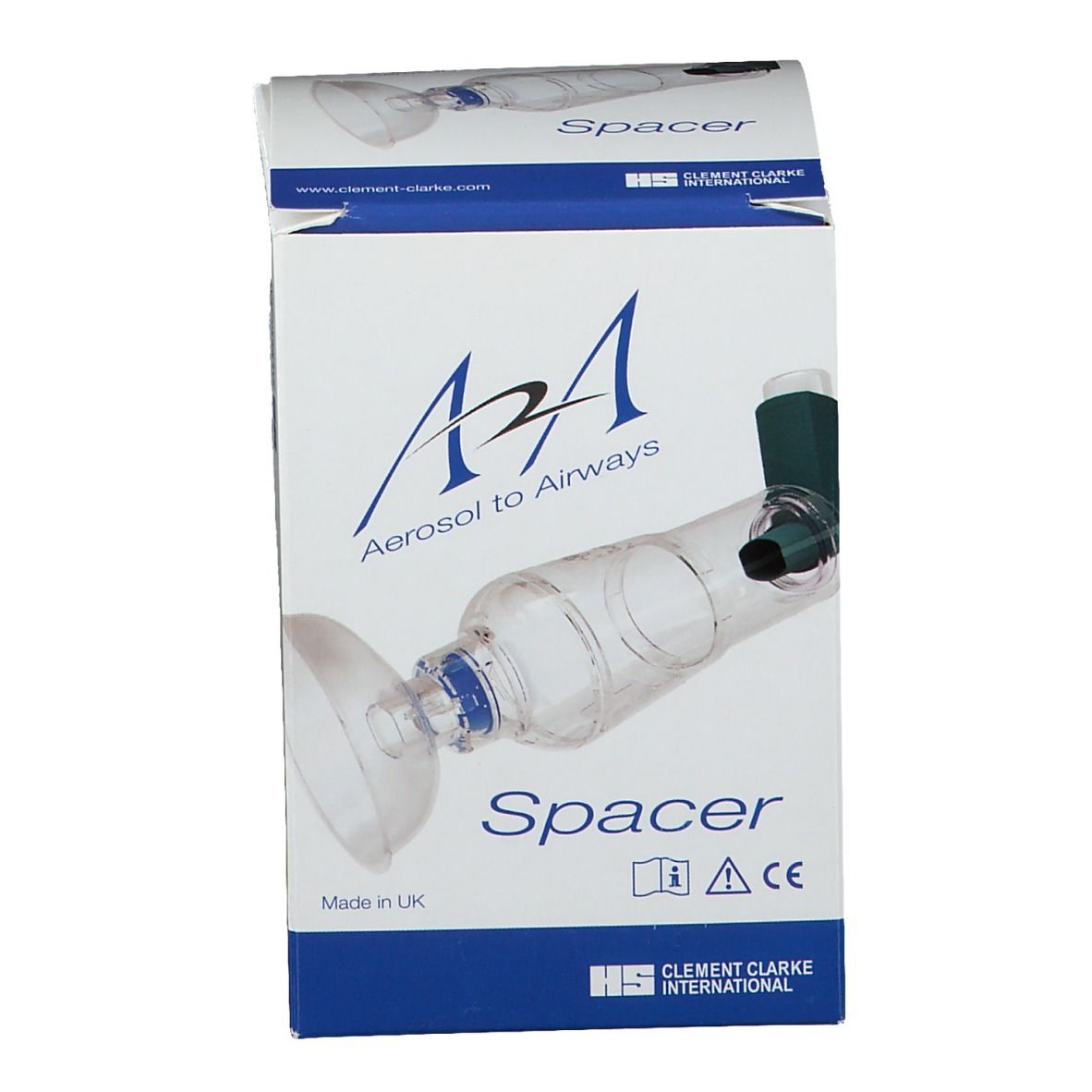 Emballage A2A Spacer. Inscriptions: Aerosol to Airways, Spacer, marquage CE. Fabricant : Clement Clarke International.