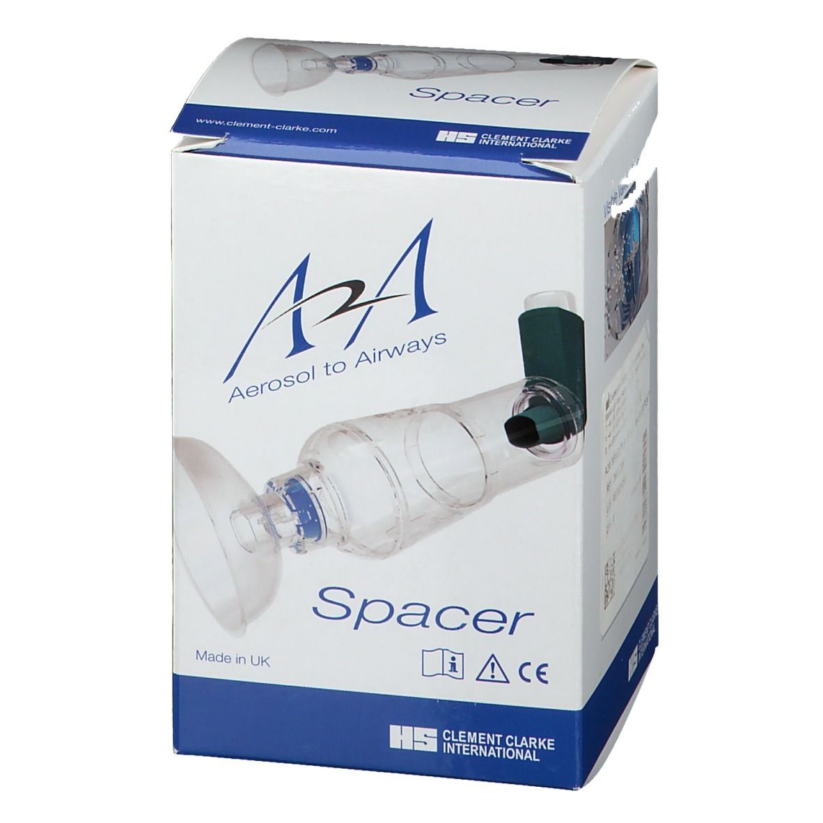 Emballage A2A Spacer. Inscriptions: Aerosol to Airways, Spacer, marquage CE. Fabricant : Clement Clarke International.