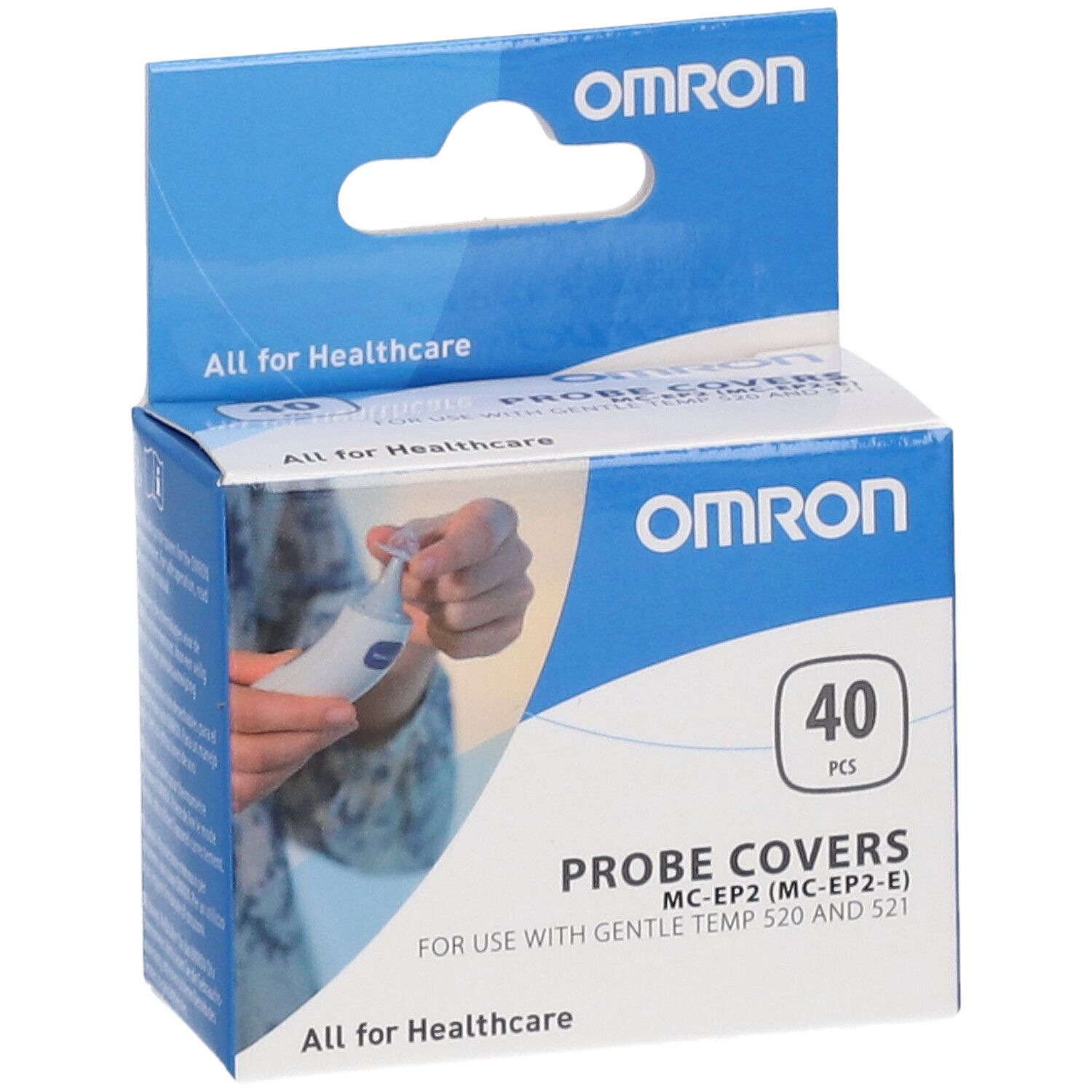 Boîte OMRON avec 40 protections. Boîte bleue avec logo et nom du produit. Une main tient un thermomètre.