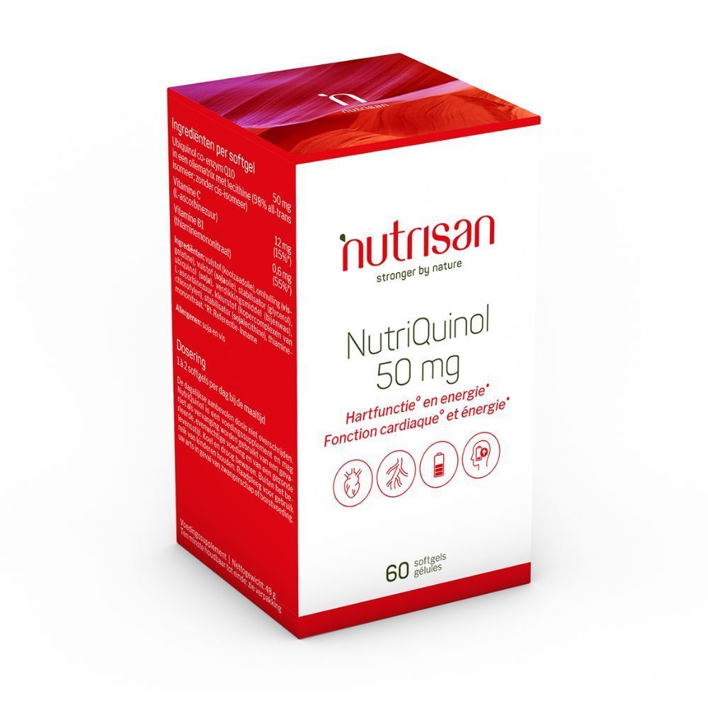 Boîte Nutrisan NutriQuinol 50 mg. 60 gélules. Emballage rouge et blanc avec informations et logo.