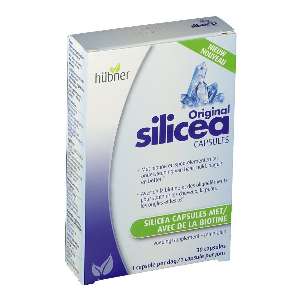 Boîte "Original Silicea Cápsulas". Marque "hübner". Contient 30 capsules. Avec biotine et oligo-éléments.