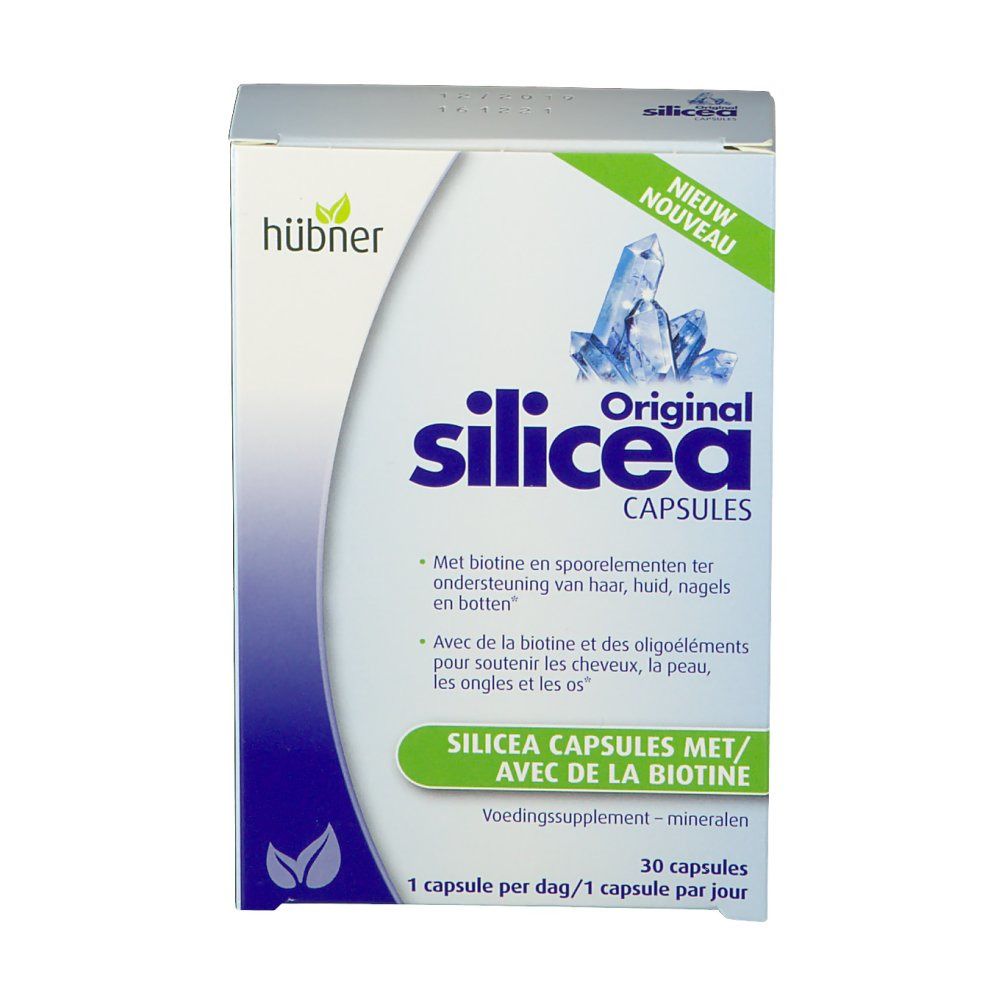Boîte "Original Silicea Cápsulas". Marque "hübner". Contient 30 capsules. Avec biotine et oligo-éléments.