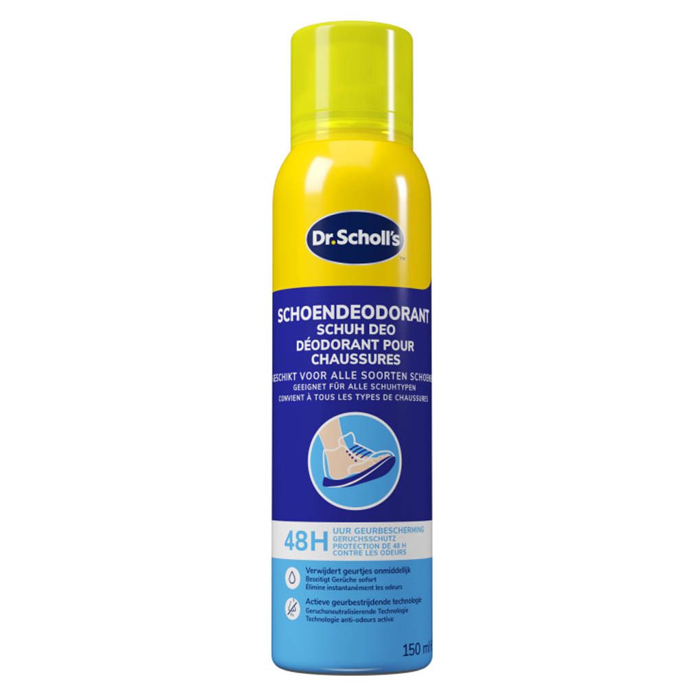 Bombe aérosol jaune et bleue avec bouchon jaune. Inscription: Dr. Scholl's, déo chaussures, protection 48H. 150 ml.
