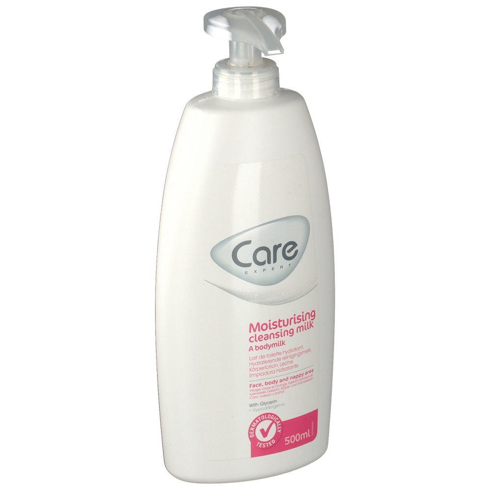 Flacon blanc avec pompe. Inscription: Care Expert, Moisturising cleansing milk. Étiquette rose avec texte et 500ml. Testé.