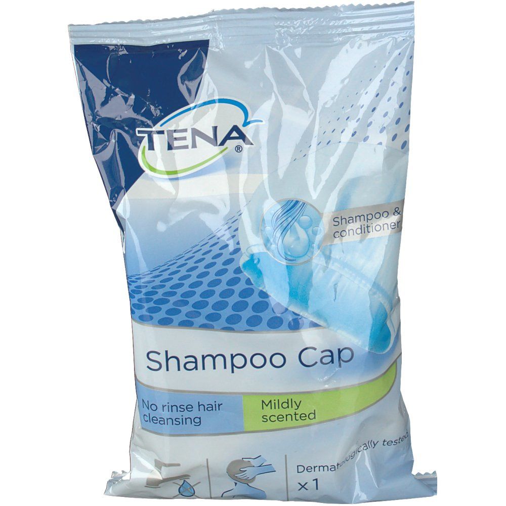 Sachet de TENA Shampoo Cap. Inscription : Shampoo Cap, No rinse hair cleansing, Mildly scented. Contient 1 pièce.