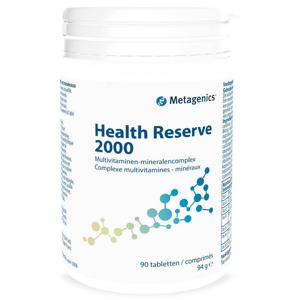 Flacon blanc 'Health Reserve 2000'. 90 comprimés. Marque: Metagenics. Complexe multivitamines-minéraux.