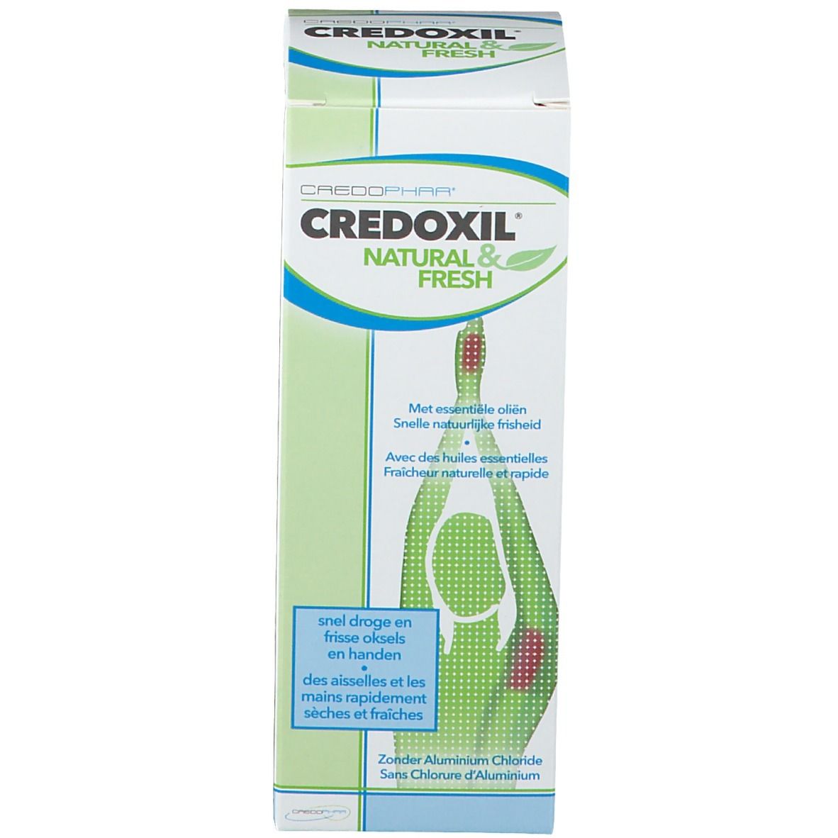 Emballage du produit. CREDOXIL NATURAL & FRESH. Logo vert avec personne. Texte multilingue.