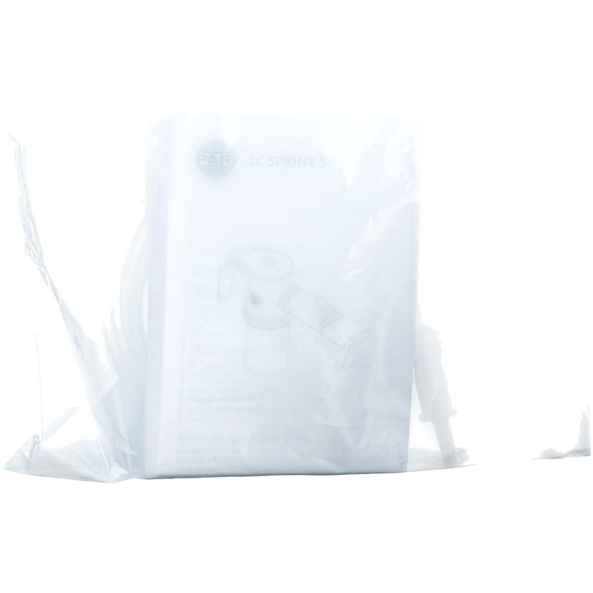 Produit dans un emballage transparent. Impression avec illustration du produit et texte. Tuyau et embout buccal visibles.