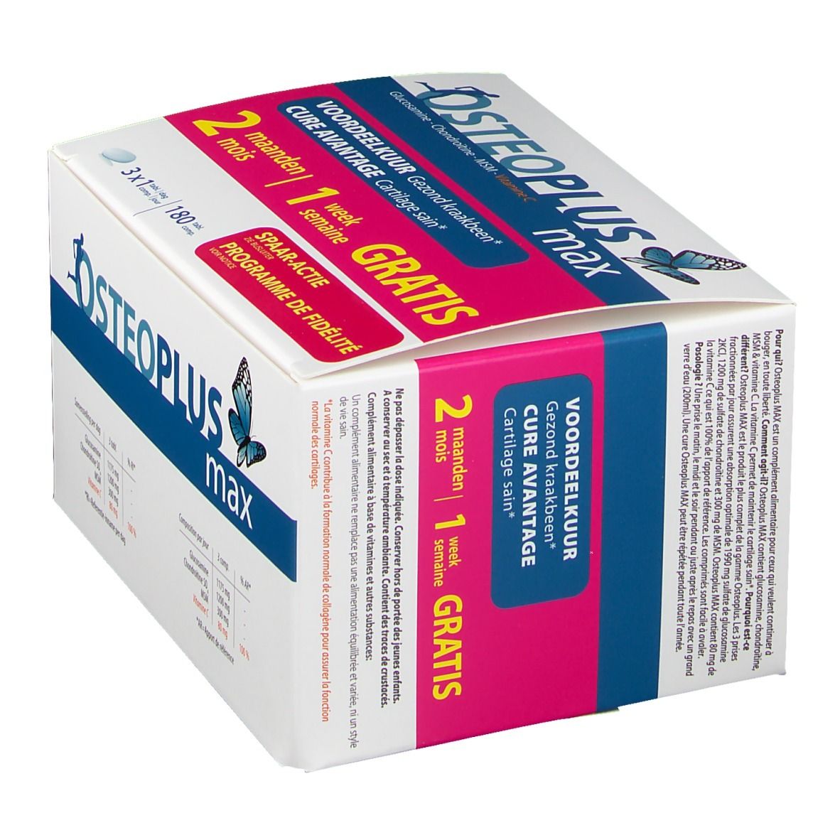 Boîte Osteoplus max. Emballage blanc avec texte bleu et rose. Contient 180 comprimés. Action gratuite.