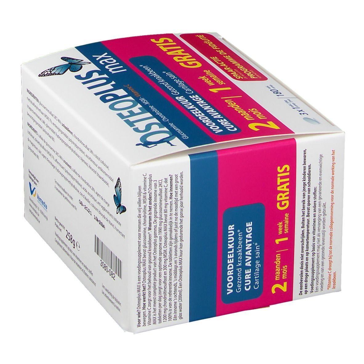 Boîte Osteoplus max. Emballage blanc avec texte bleu et rose. Contient 180 comprimés. Action gratuite.