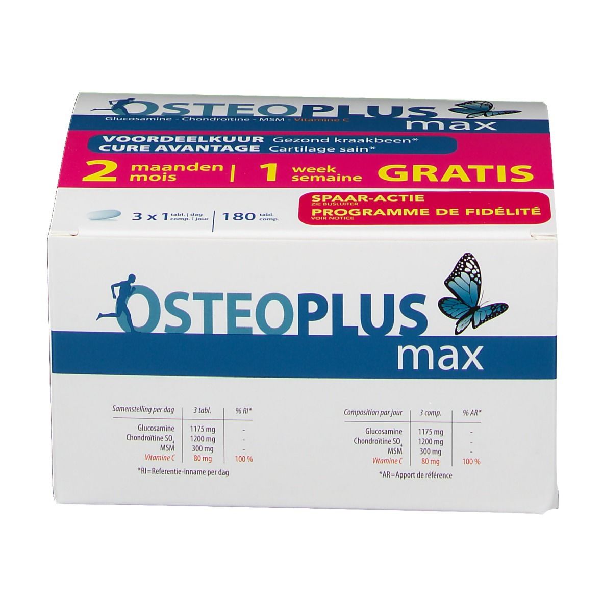 Boîte Osteoplus max. Emballage blanc avec texte bleu et rose. Contient 180 comprimés. Action gratuite.