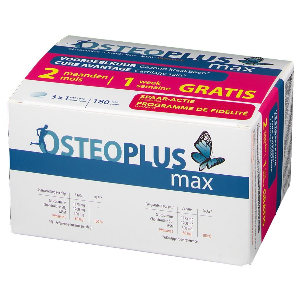Boîte Osteoplus max. Emballage blanc avec texte bleu et rose. Contient 180 comprimés. Action gratuite.