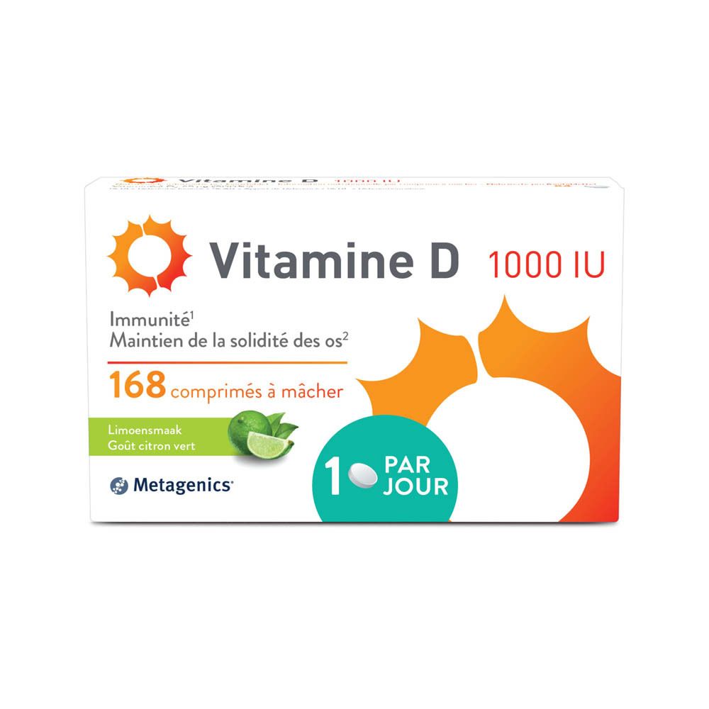 Boîte de Vitamine D 1000 UI. 168 comprimés à mâcher. Goût citron vert. Metagenics.