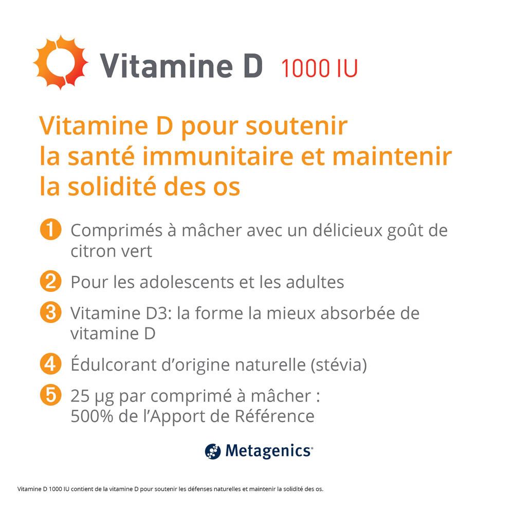 Boîte de Vitamine D 1000 UI. 168 comprimés à mâcher. Goût citron vert. Metagenics.