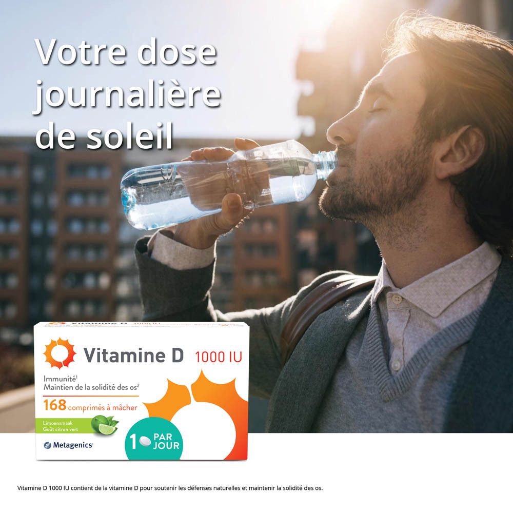 Boîte de Vitamine D 1000 UI. 168 comprimés à mâcher. Goût citron vert. Metagenics.