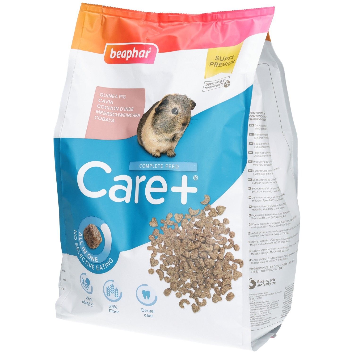 Sachet de 1,5kg de nourriture Beaphar Care+ pour cochons d'Inde, avec image et granulés.