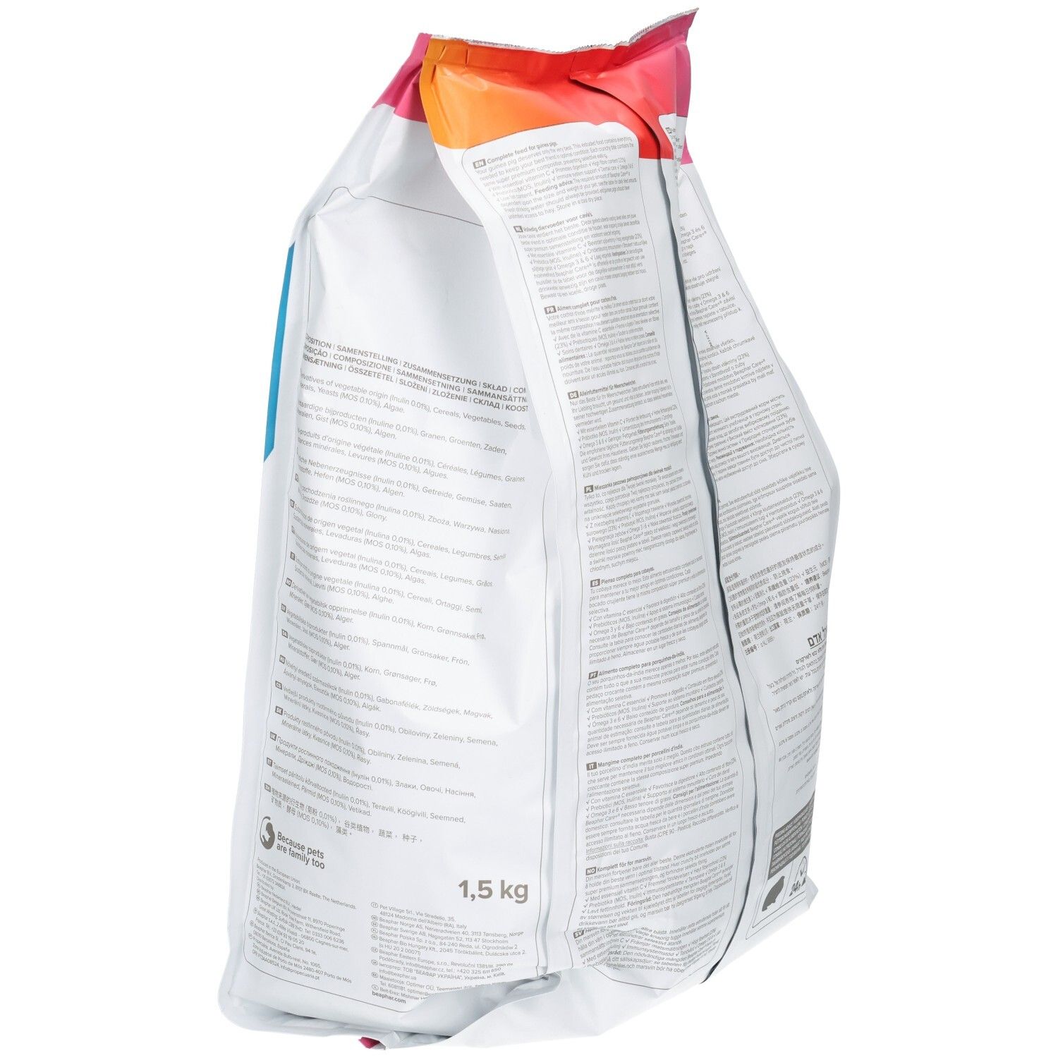 Arrière d'un sac de nourriture Beaphar Care+ pour cochons d'Inde, 1,5kg, avec divers textes et symboles.