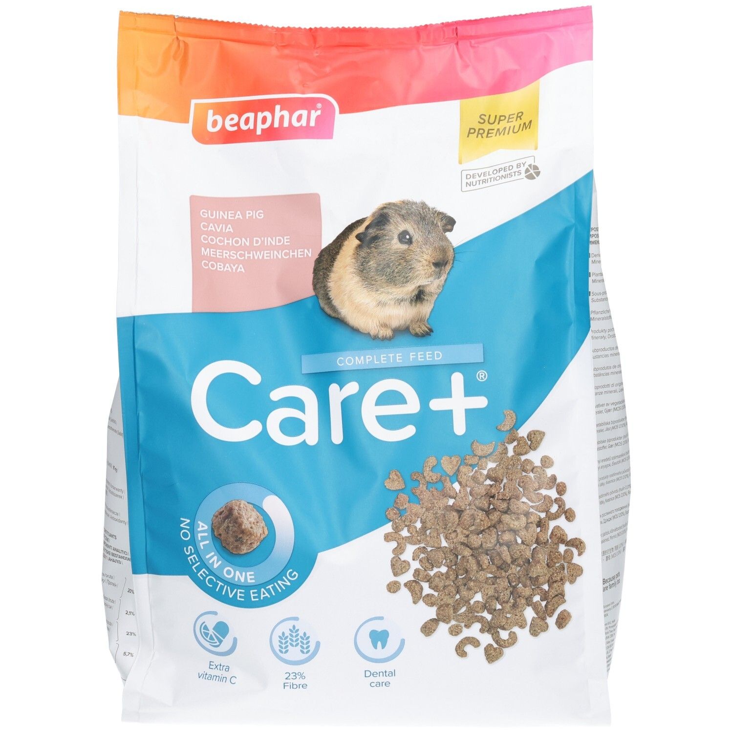 Nourriture Beaphar Care+ pour cochons d'Inde, 1,5kg, face avant avec image et caractéristiques du produit.
