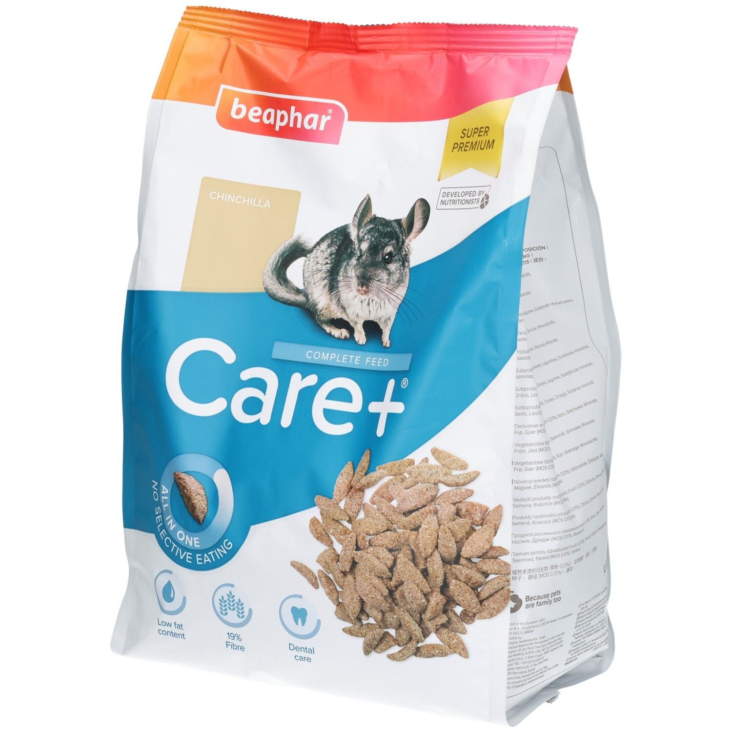 Sachet Beaphar Care+ Chinchilla, alimentation complète, avec image de chinchilla et granulés.