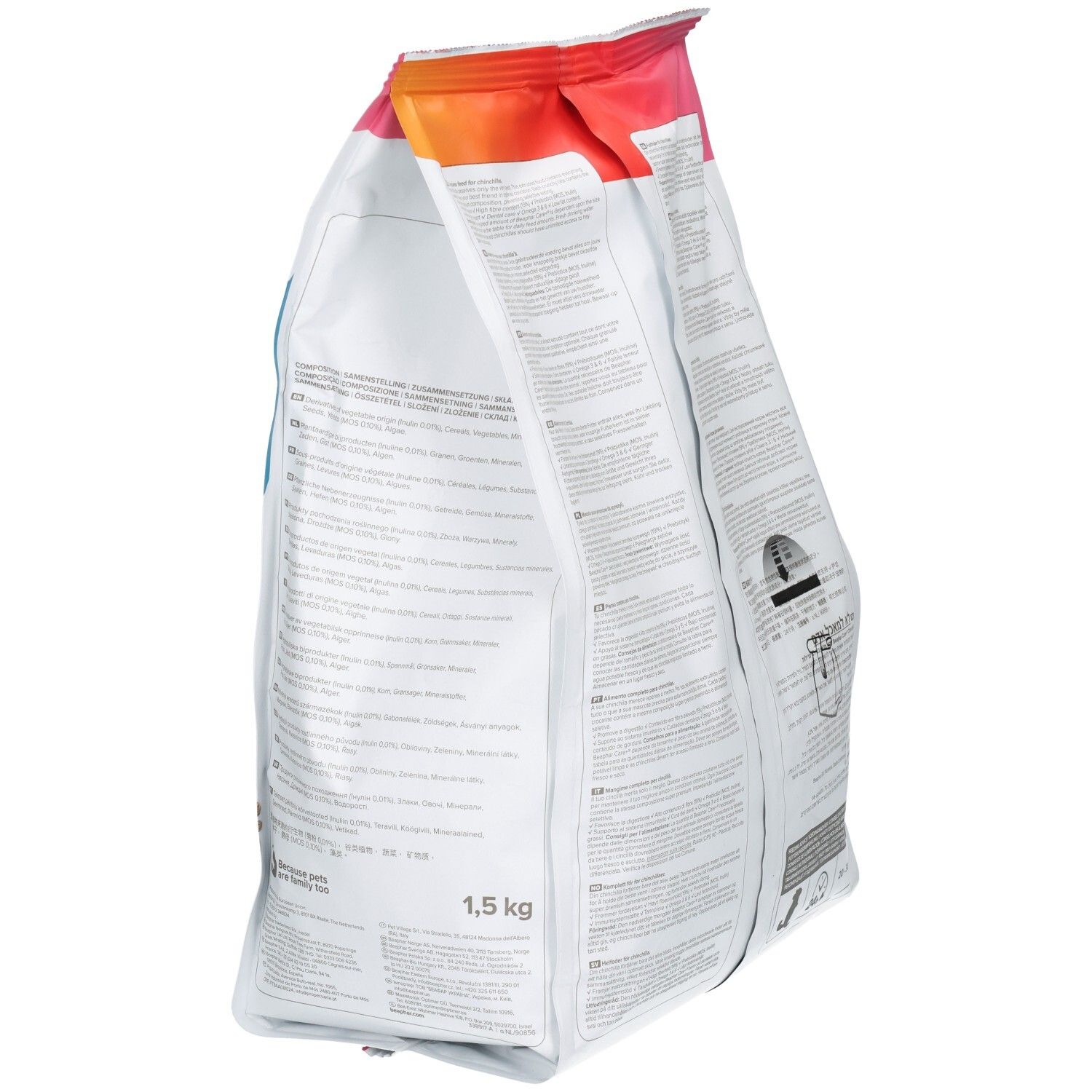 Vue latérale d'un paquet de nourriture Beaphar Care+ Chinchilla, 1,5 kg, avec informations.