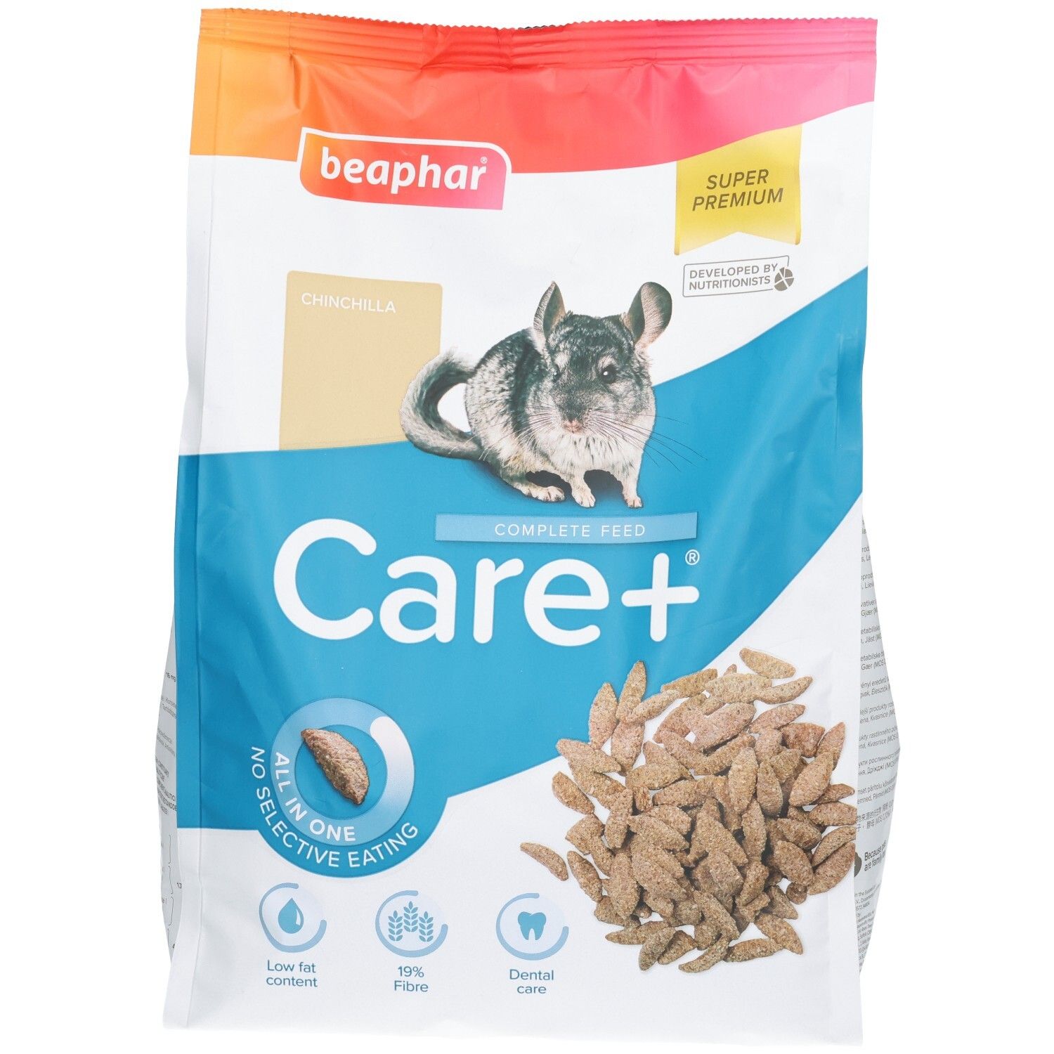 Sachet Beaphar Care+ Chinchilla, alimentation complète, avec image de chinchilla et granulés.