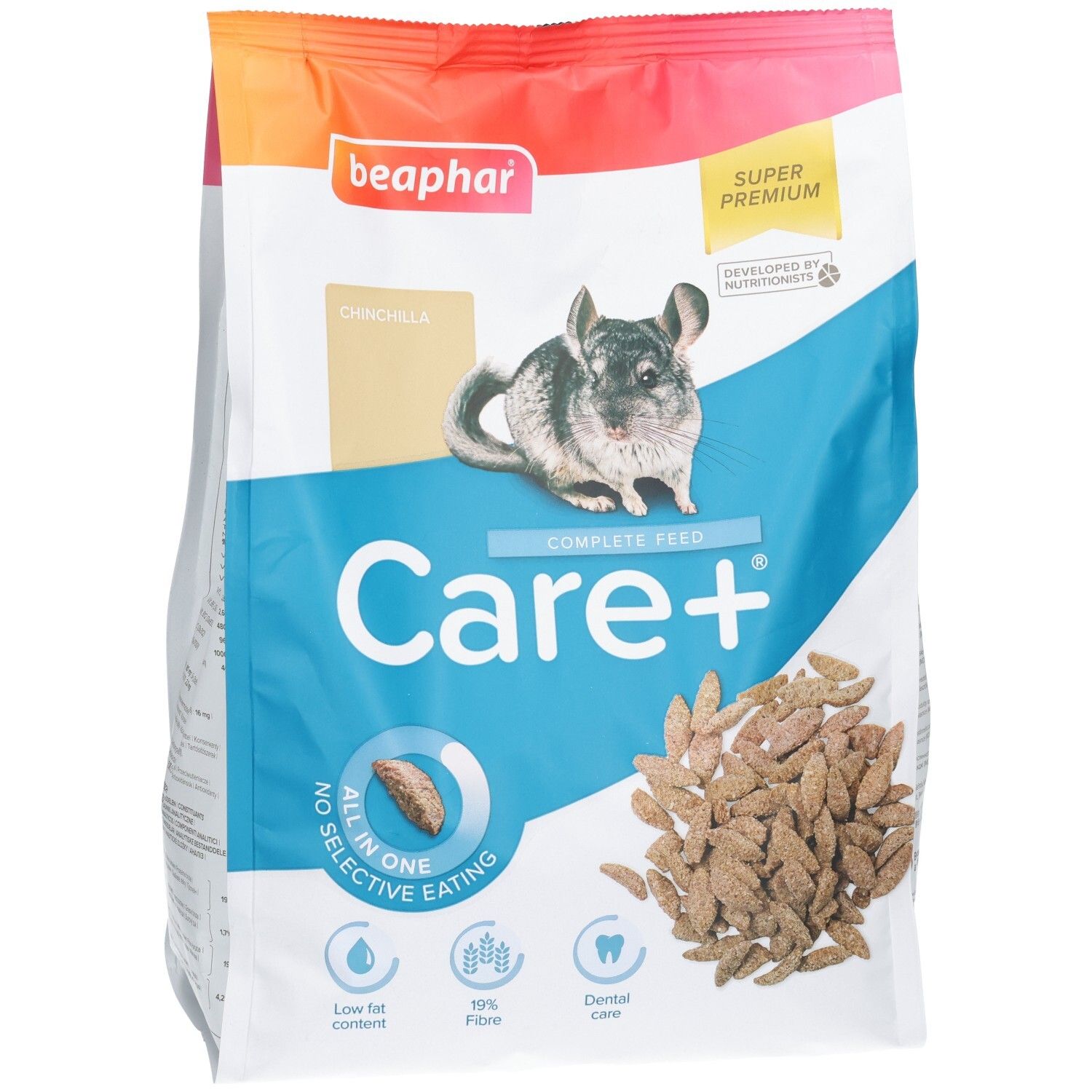 Sachet Beaphar Care+ Chinchilla, alimentation complète, avec image de chinchilla et granulés.