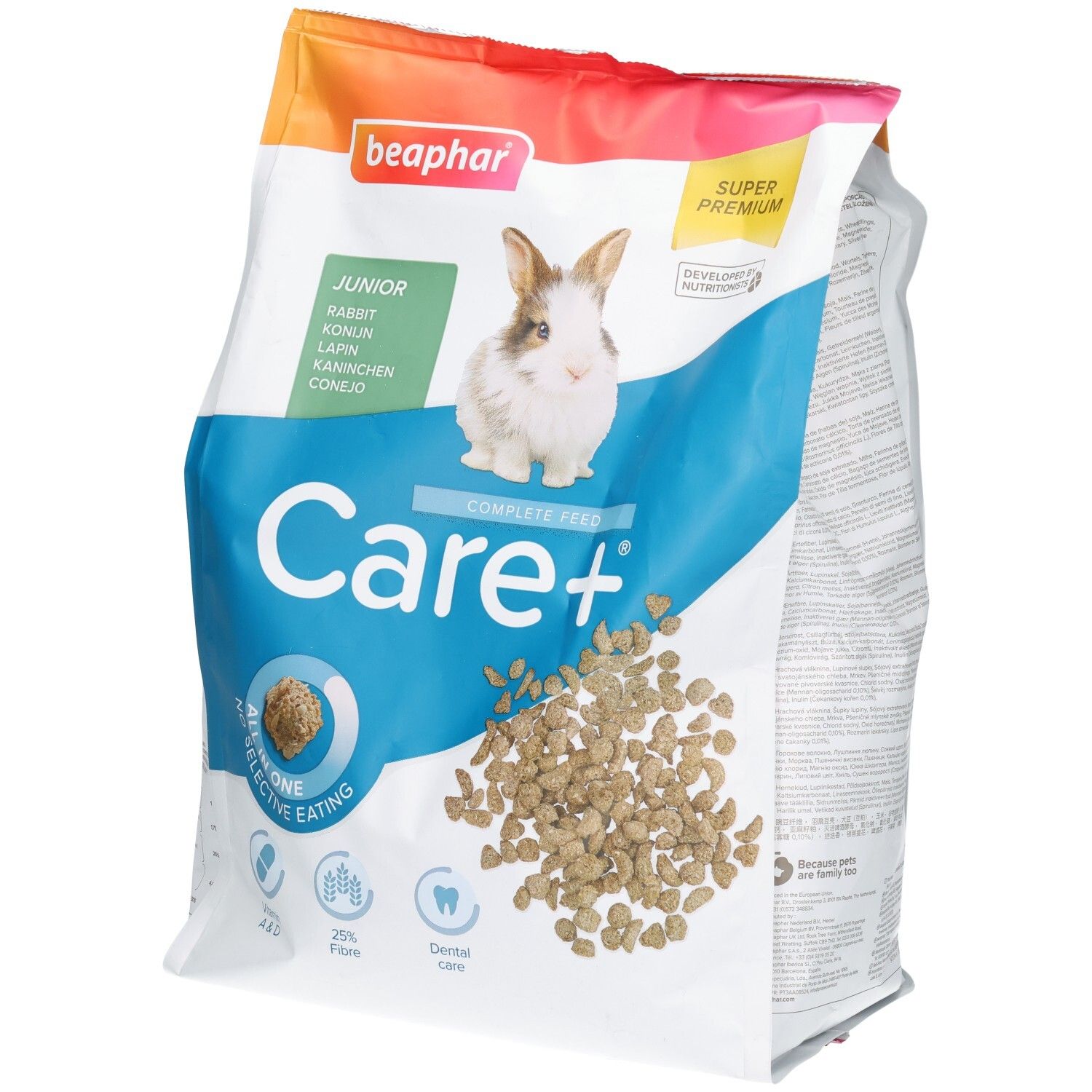 Sac d'aliments Beaphar Care+ Lapin Junior avec image de lapin et granulés.