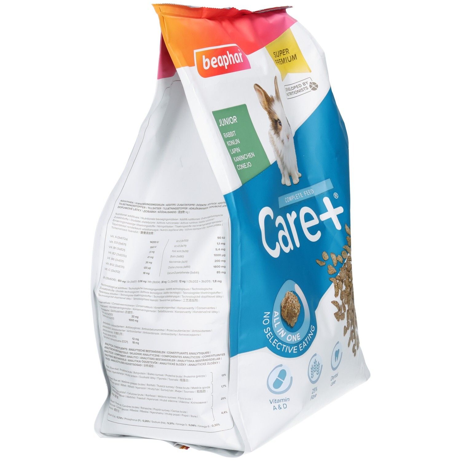 Arrière d'un sac d'aliments Beaphar Care+ Lapin Junior avec informations nutritionnelles.