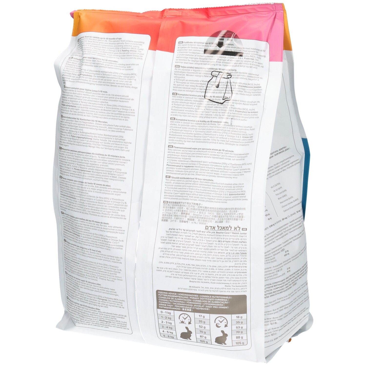 Arrière d'un sac d'aliments Beaphar Care+ Lapin Junior avec instructions d'utilisation.