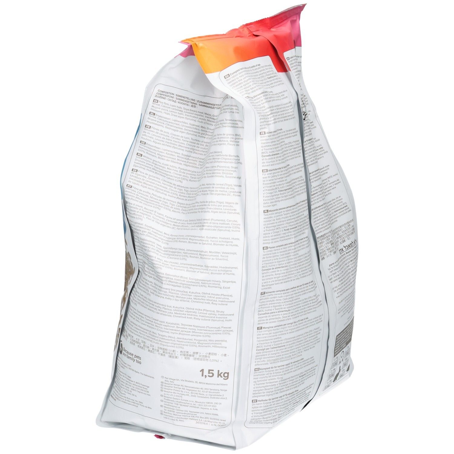 Côté d'un sac d'aliments Beaphar Care+ Lapin Junior indiquant 1,5 kg.