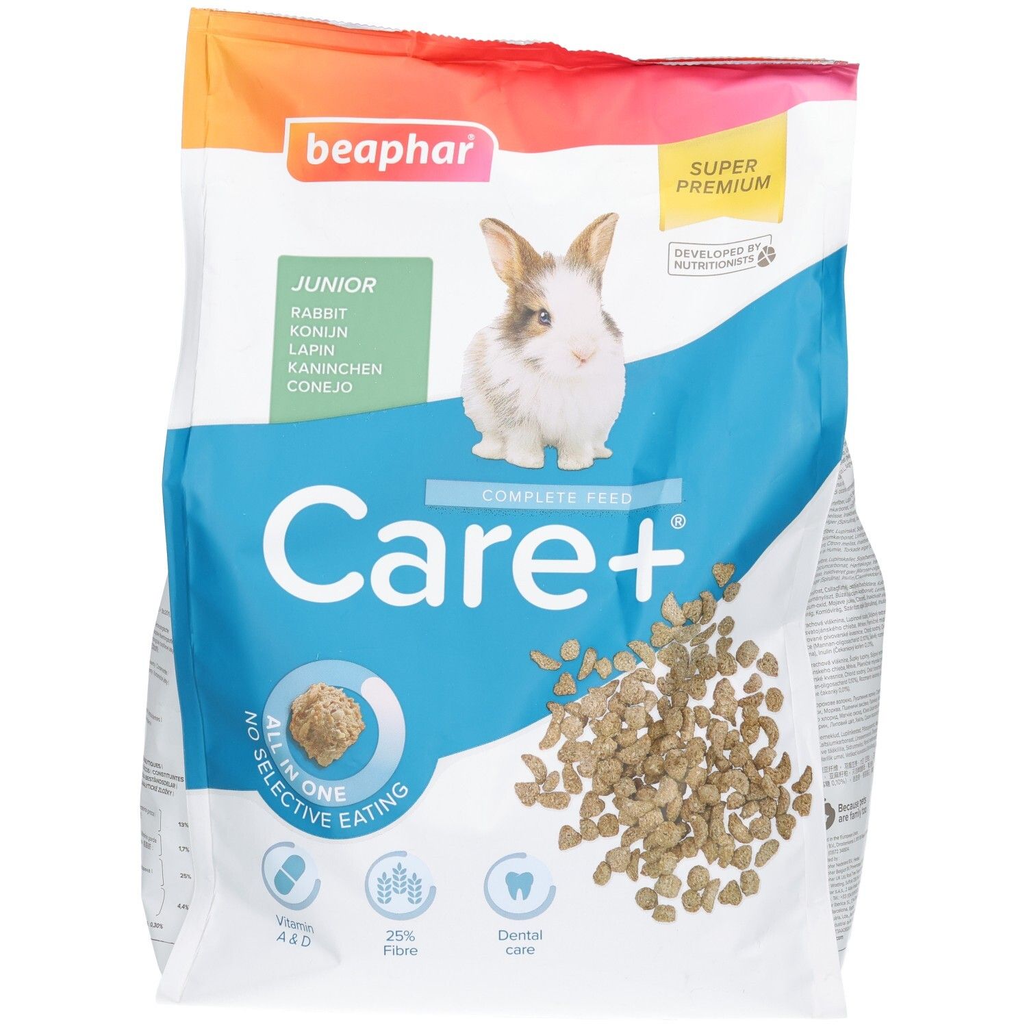 Sac d'aliments Beaphar Care+ Lapin Junior avec image de lapin et granulés.