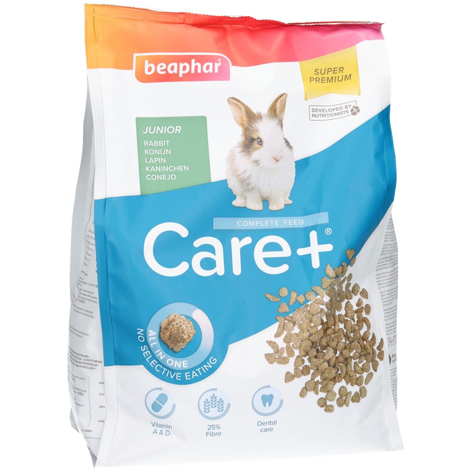 Sac d'aliments Beaphar Care+ Lapin Junior avec image de lapin et granulés.