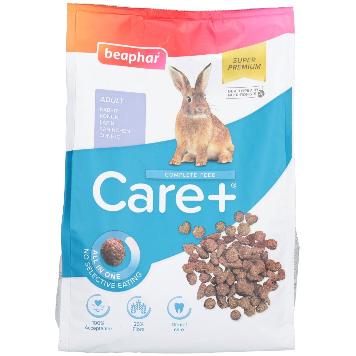 Sac de nourriture pour lapins Beaphar Care+. Image d'un lapin. Inscription Care+ et autres informations.