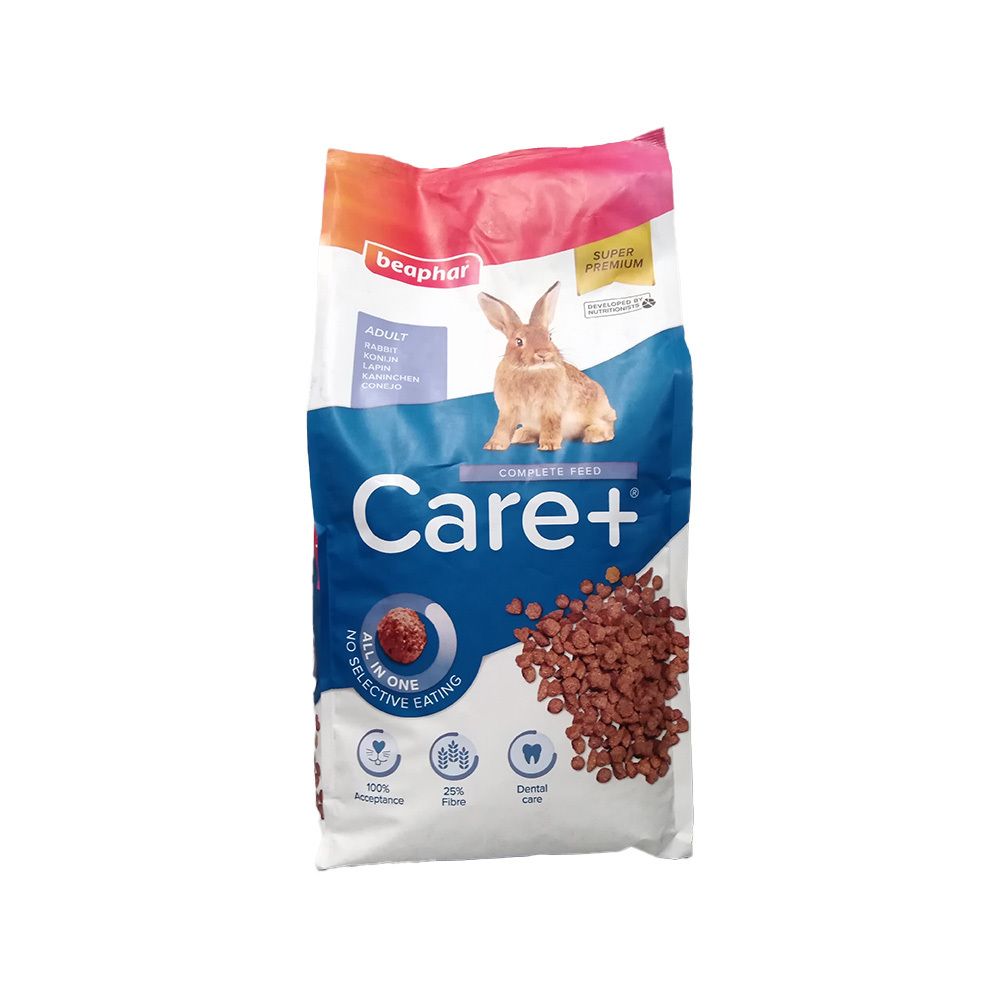 Sachet de 5kg Beaphar Care+ pour lapins, avec illustration de lapin et caractéristiques du produit.