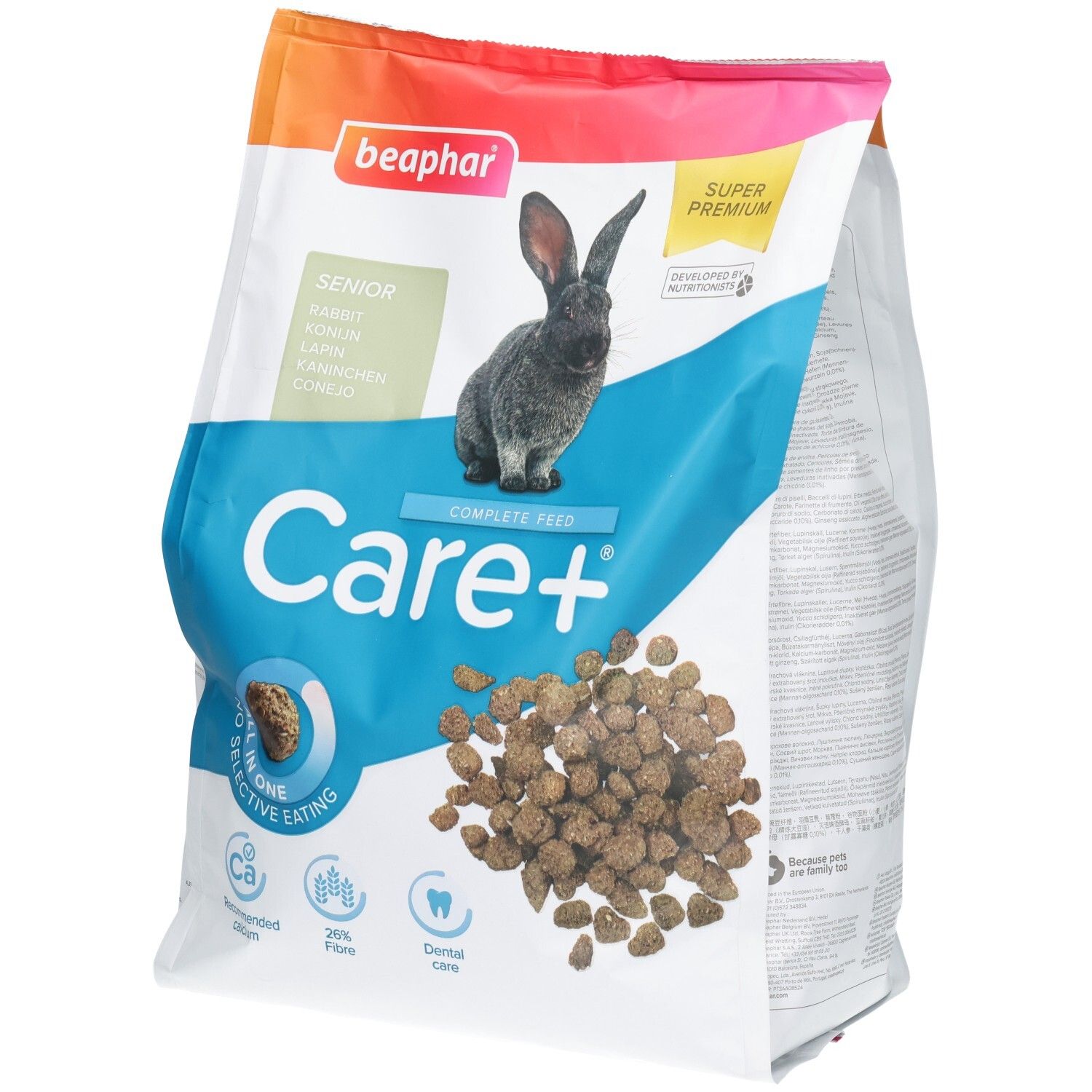 Sac de 1,5 kg de Beaphar Care+ Senior pour lapins, avec image de lapin et granulés.