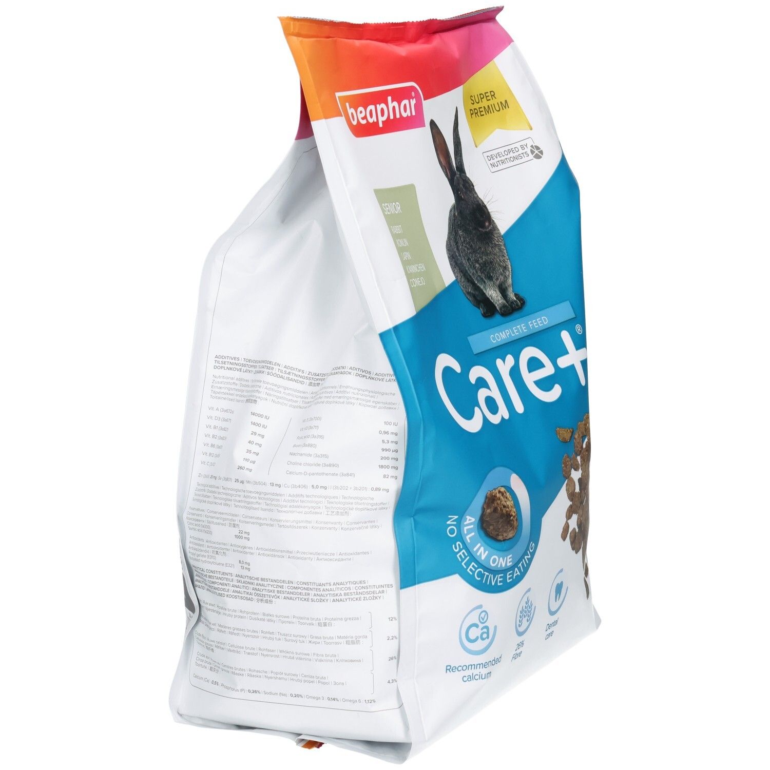 Arrière d'un sac de Beaphar Care+ Senior pour lapins, avec informations nutritionnelles et instructions.